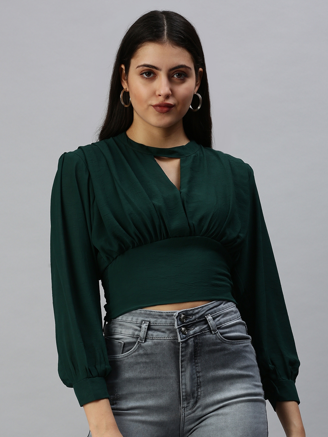 SHOWOFF Women's Long Sleeves Keyhole Neck Green Solid Top