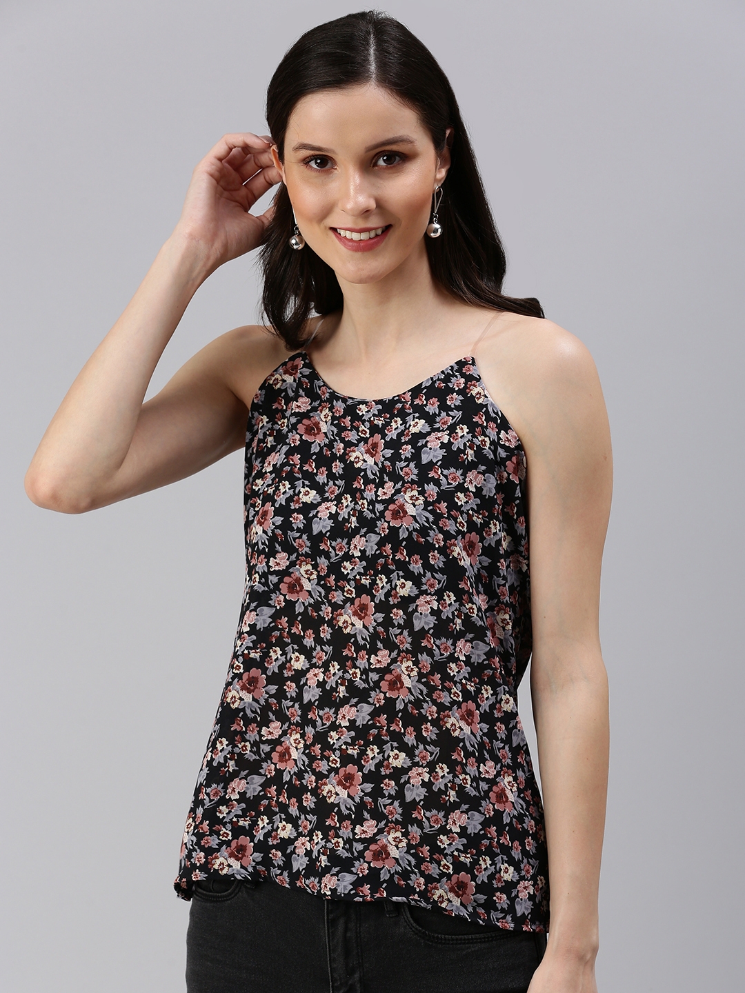 Women's Black Polyester Floral Tops