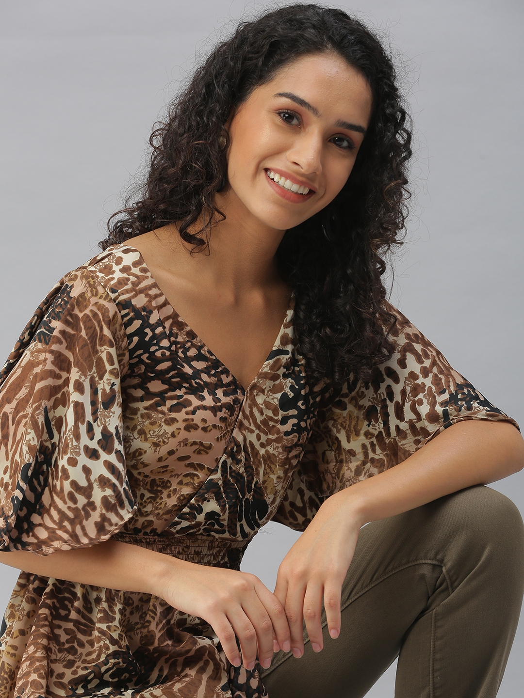 Women's Brown Polyester Printed Tops