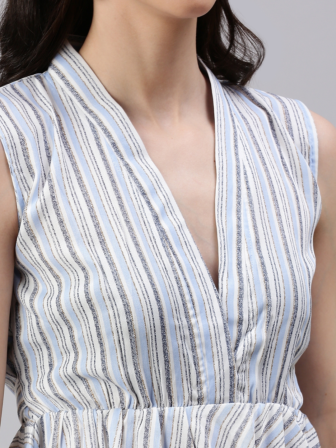 Women's Blue Cotton Blend Striped Tops