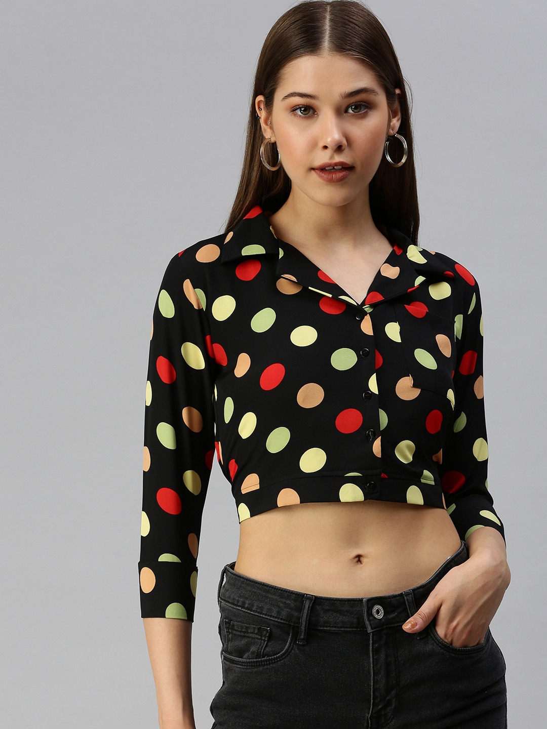 Women's Black Polyester Printed Tops