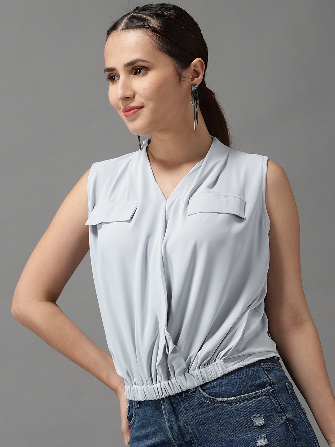 Women's Grey Polyester Solid Tops