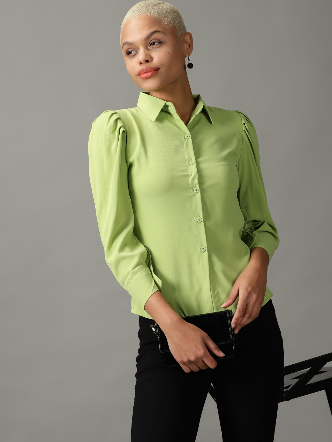 Women's Green Crepe Solid Casual Shirts