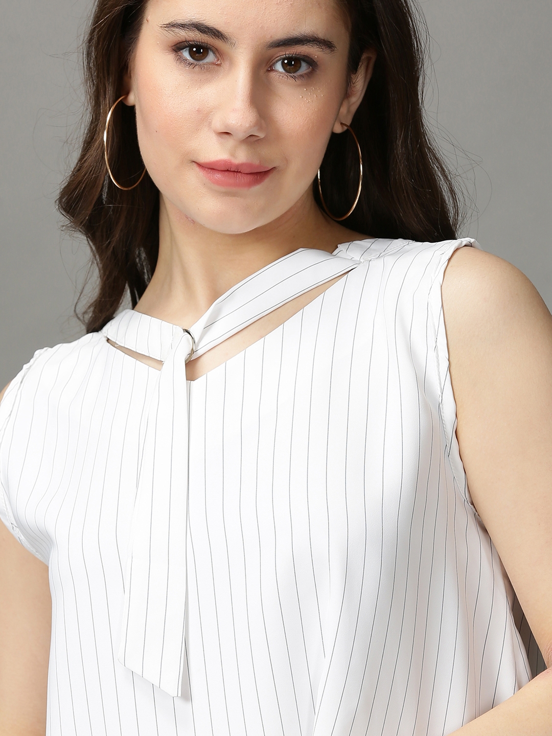 Women's White Polyester Striped Tops