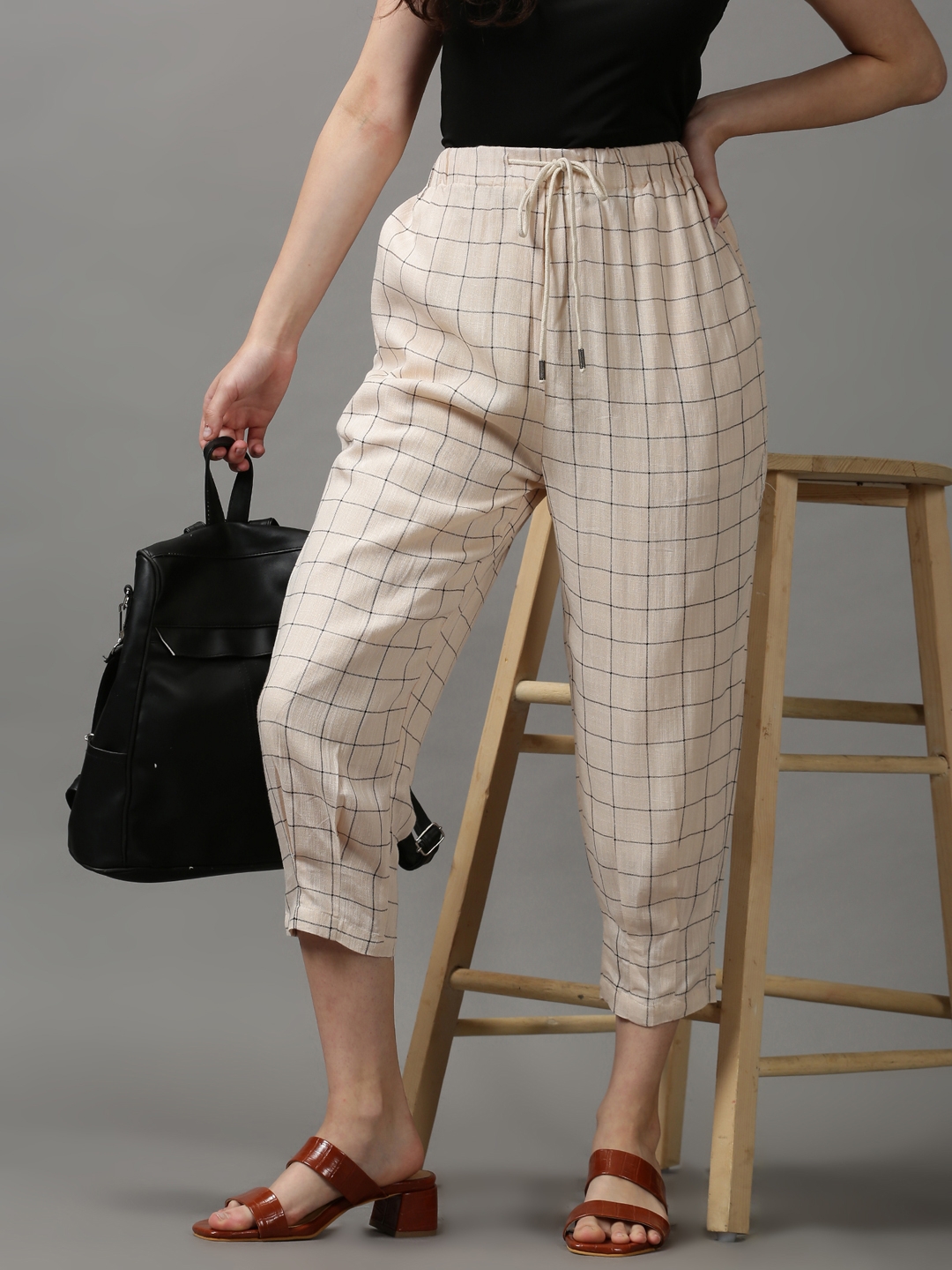 Women's Beige Cotton Checked Trousers