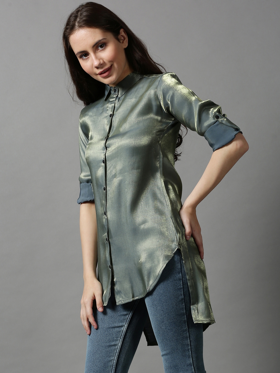 Women's Green Satin Solid Casual Shirts