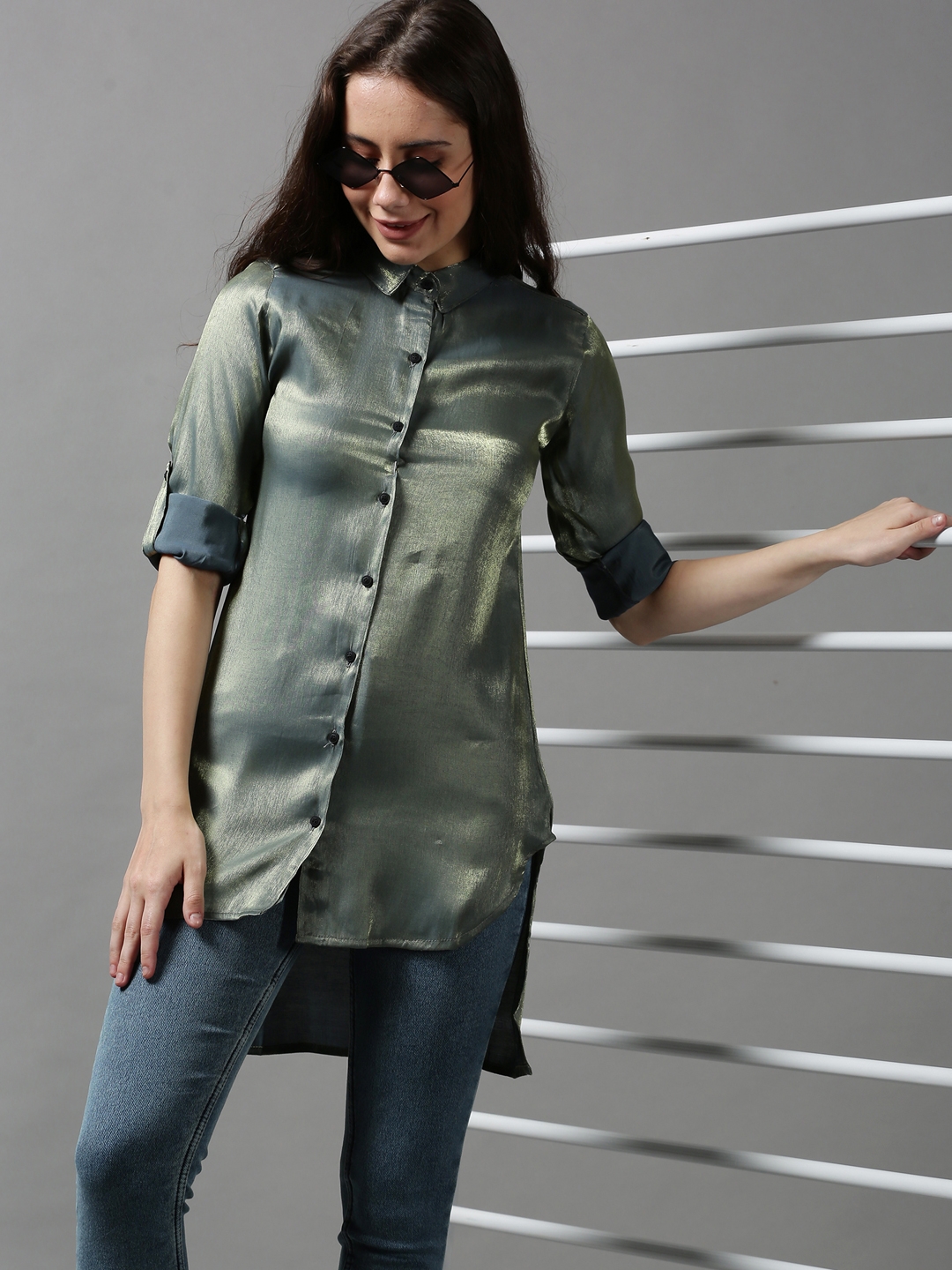 SHOWOFF Women's Mandarin Collar Solid Olive Satin Shirt