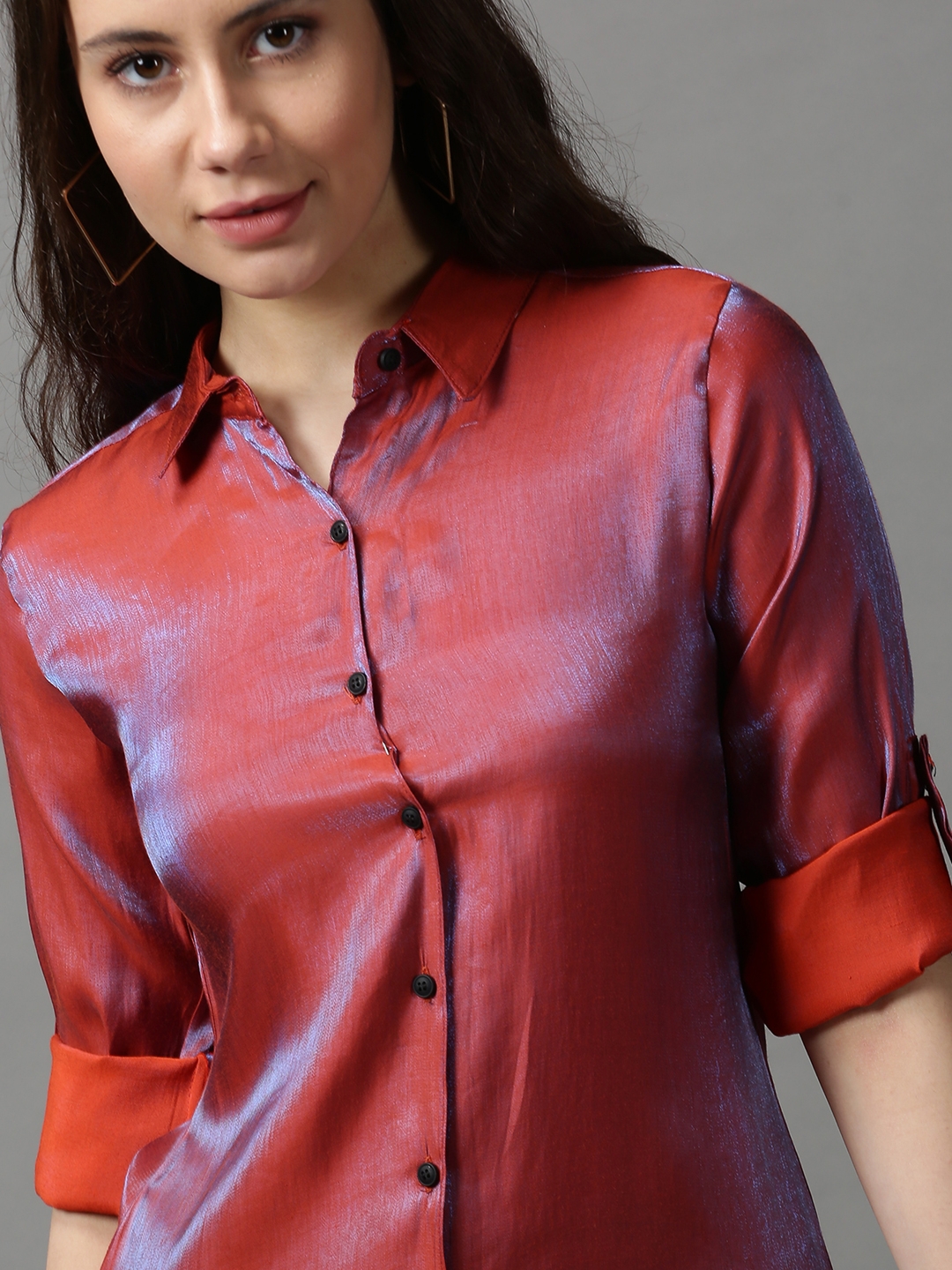 Women's Orange Satin Solid Casual Shirts