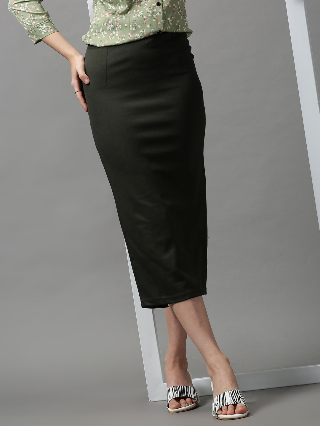 Showoff | SHOWOFF Women's Straight Solid Pencil Olive Knee Length Skirt