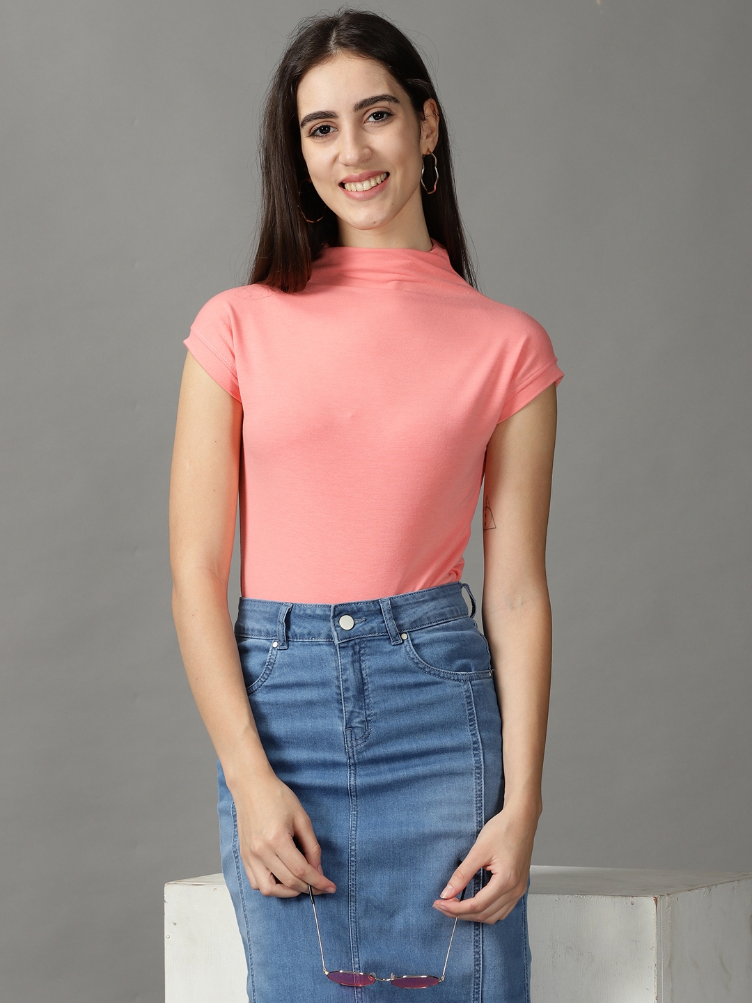 Women's Pink Polycotton Solid Tops