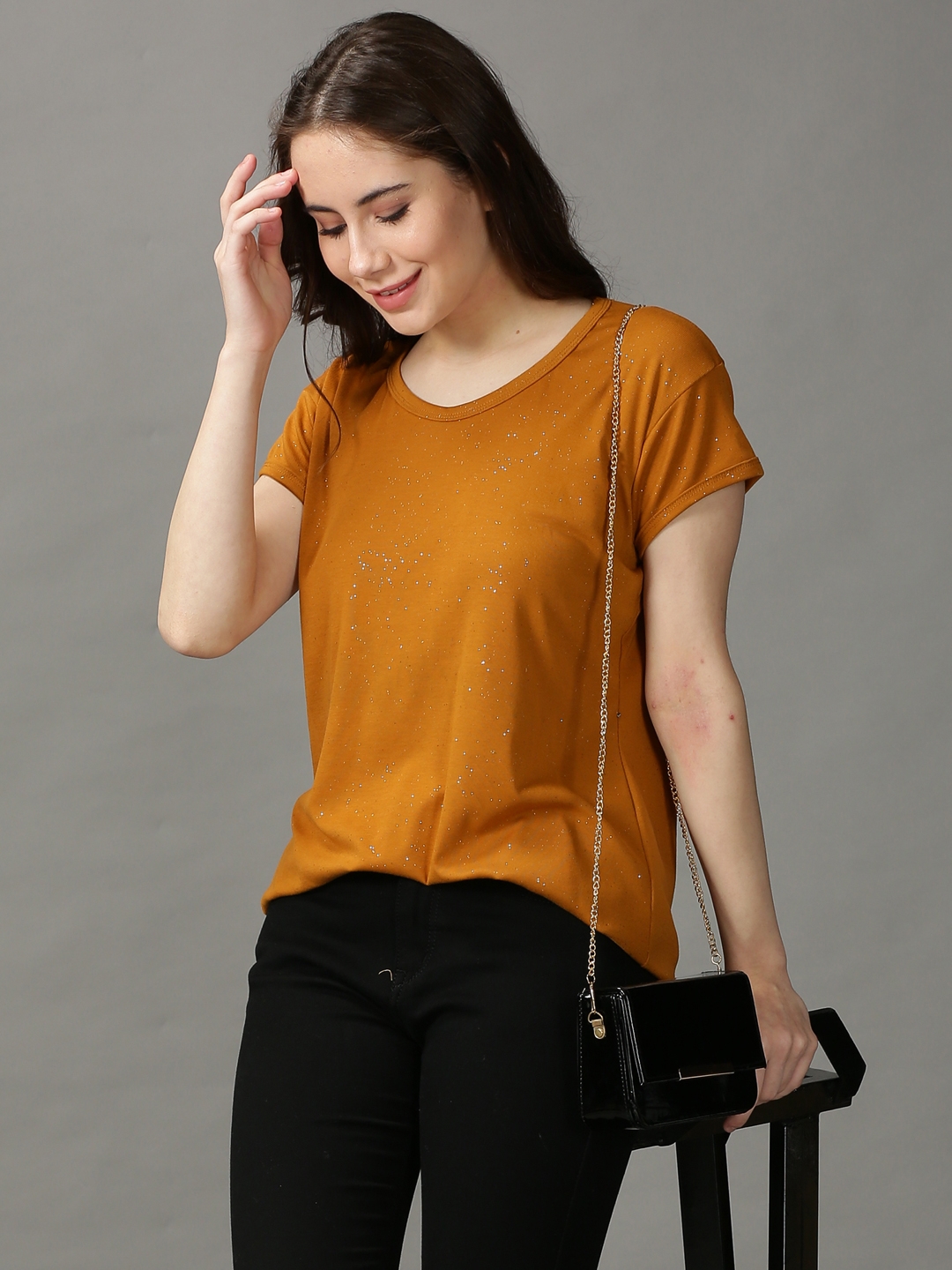 Showoff | SHOWOFF Women's Short Sleeves Round Neck Mustard Solid Top