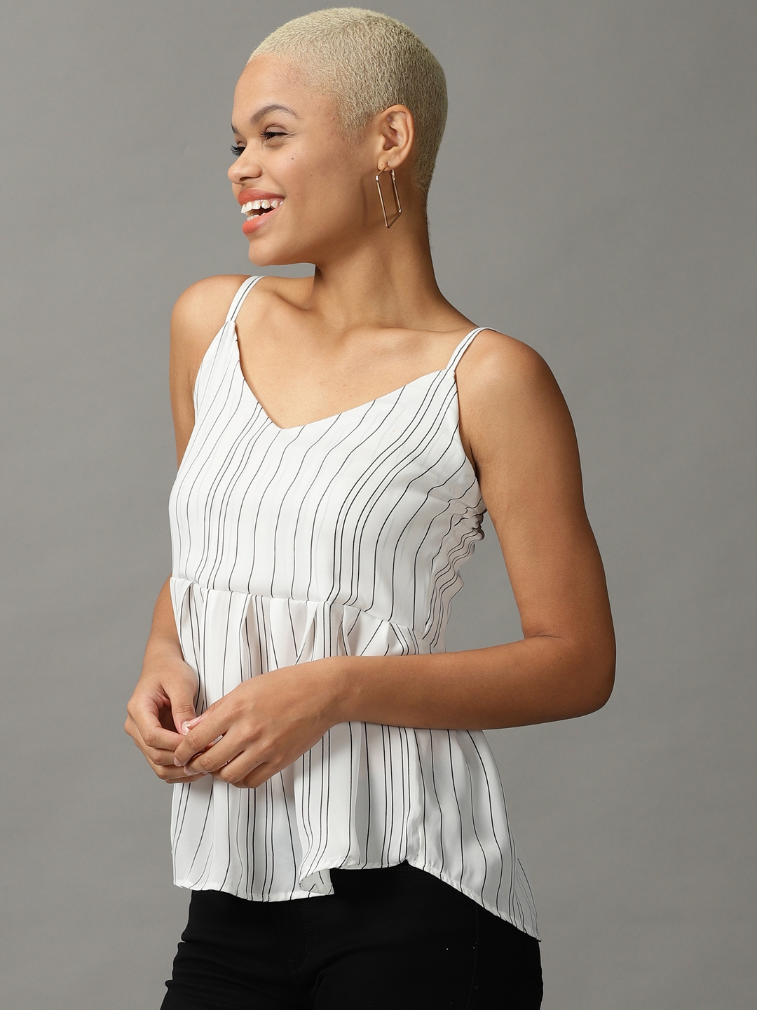 Women's White Polyester Striped Tops