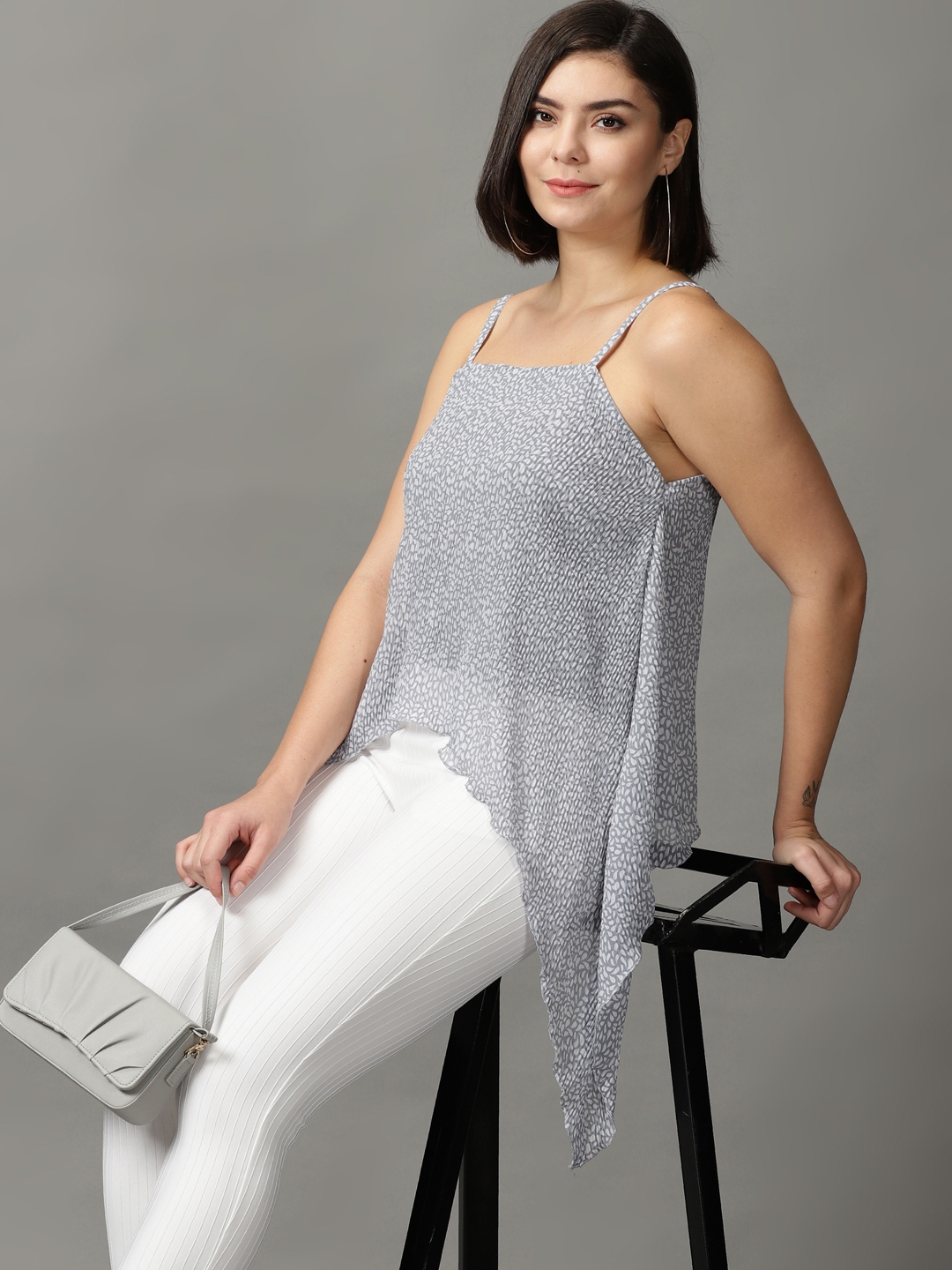 Women's Grey Polyester Printed Tops