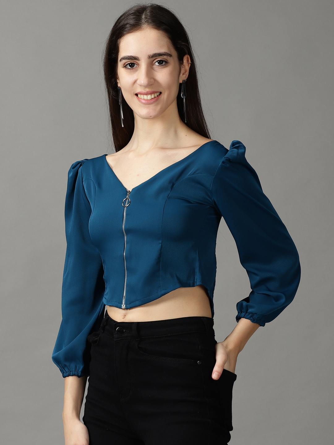 Women's Blue Polyester Solid Tops