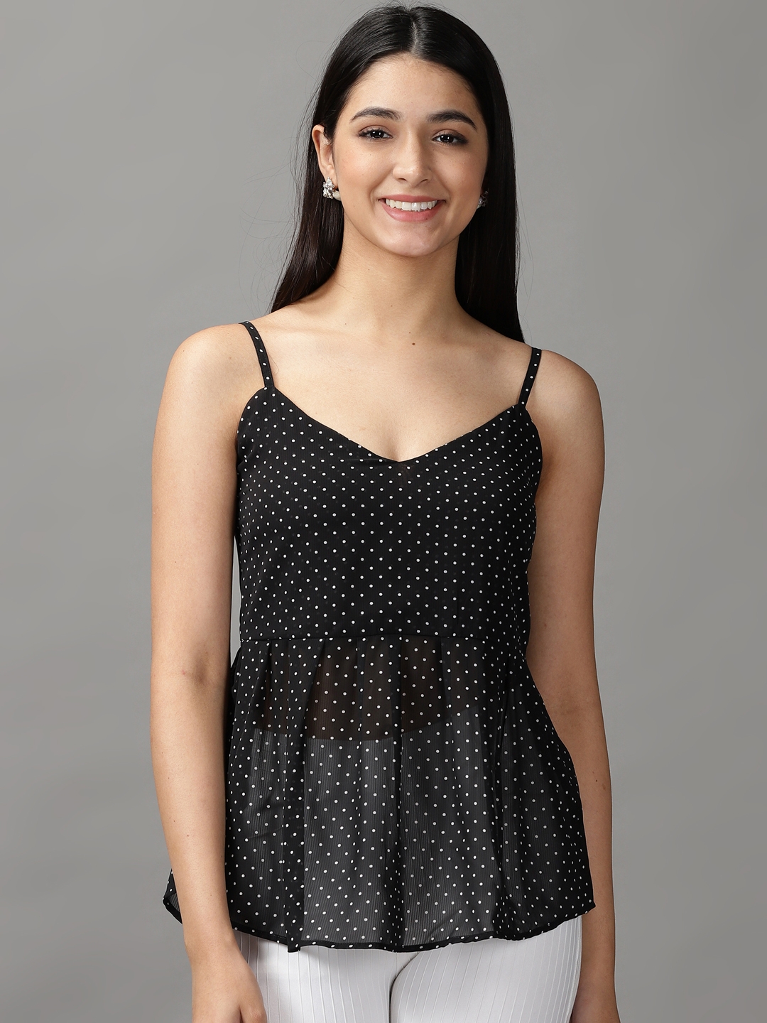 Women's Black Polyester Printed Tops