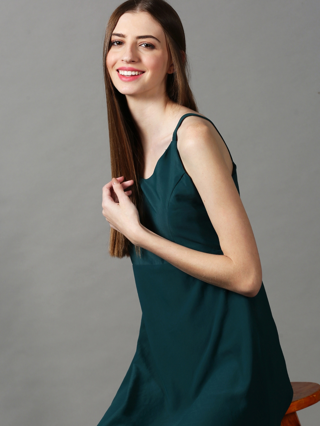 SHOWOFF Women's Shoulder Straps Solid Green Maxi Dress
