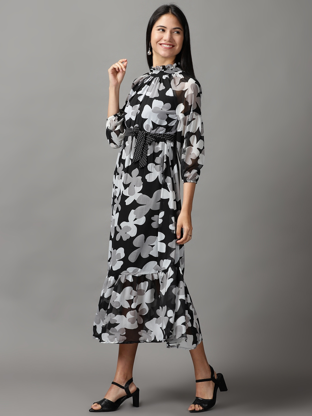 Women's Black Polyester Floral Dresses