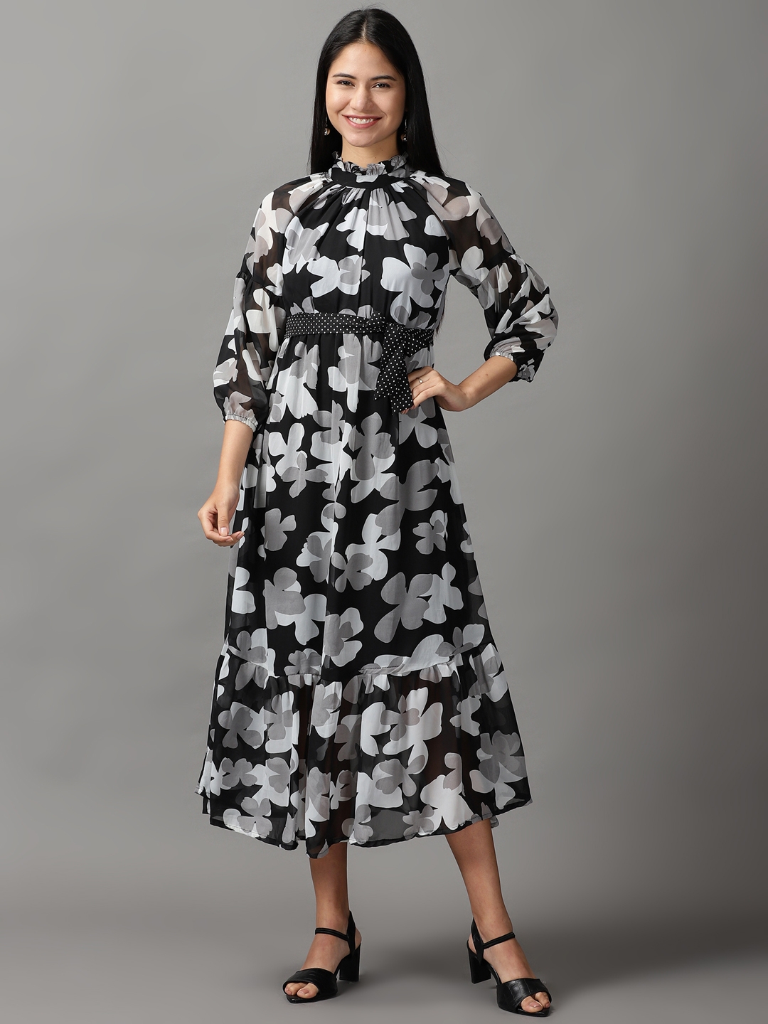 Women's Black Polyester Floral Dresses