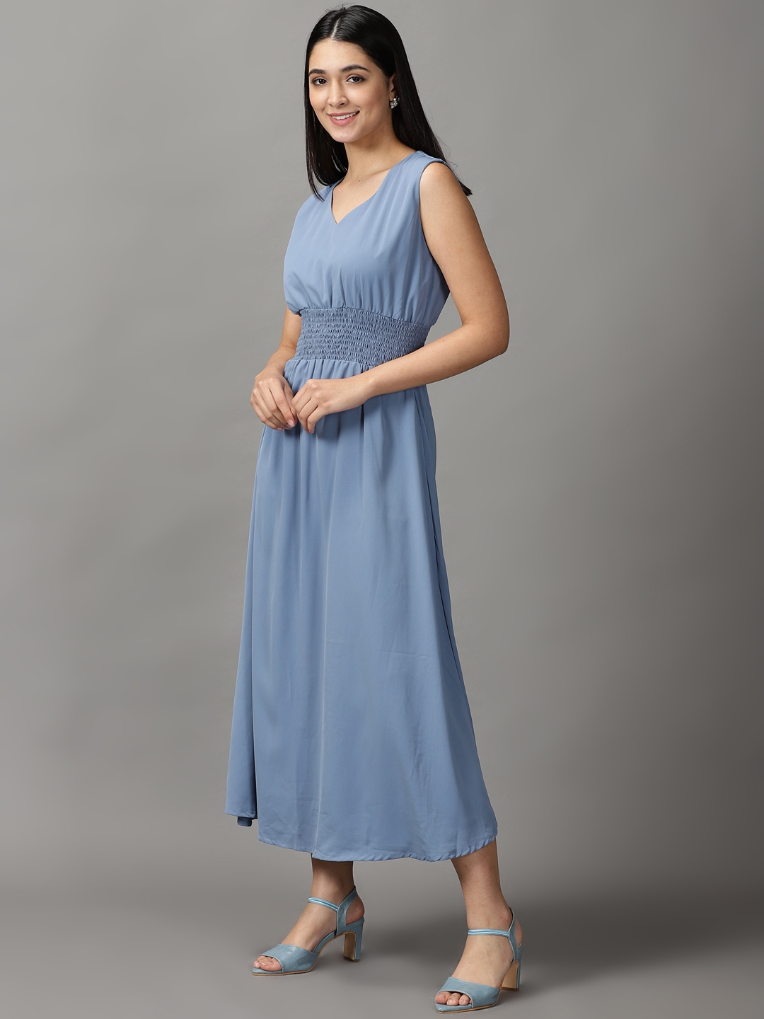 Women's Blue Polyester Solid Dresses