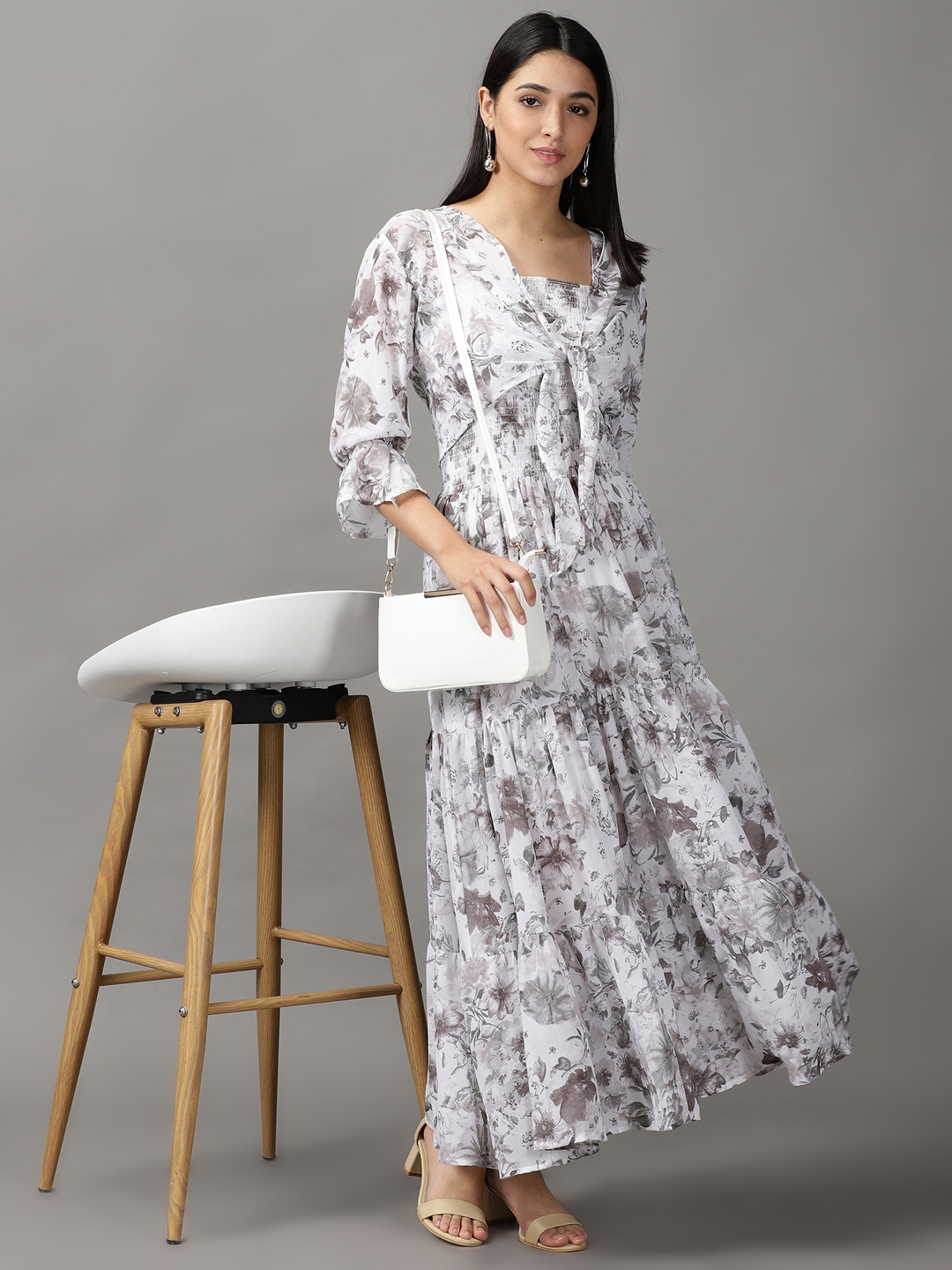 Women's White Polyester Printed Dresses