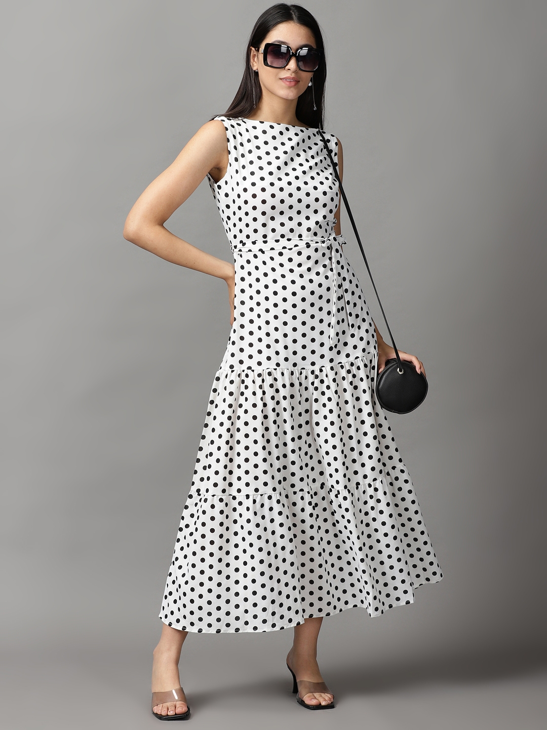 Women's White Polyester Polka Dots Dresses