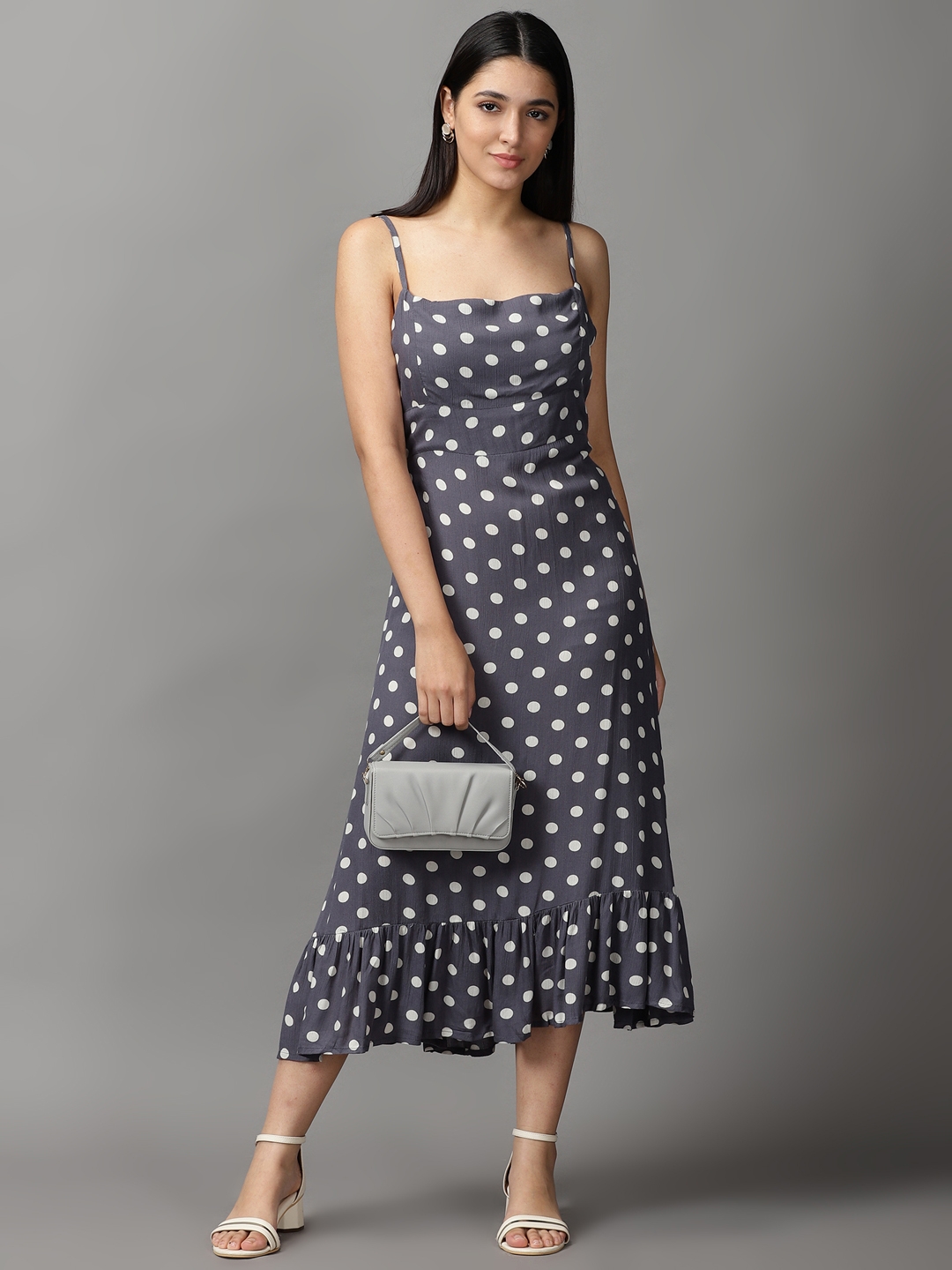 Women's Grey Viscose Rayon Polka Dots Dresses