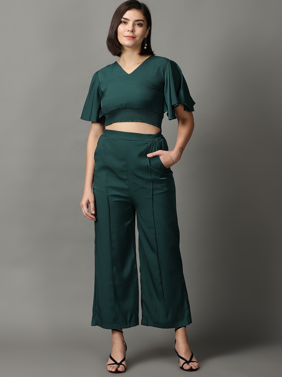 Women's Green Polyester Solid Co-ords