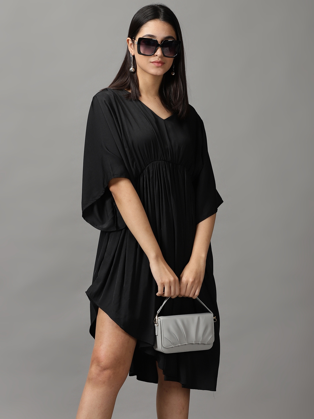 Women's Black Poly Silk Solid Dresses