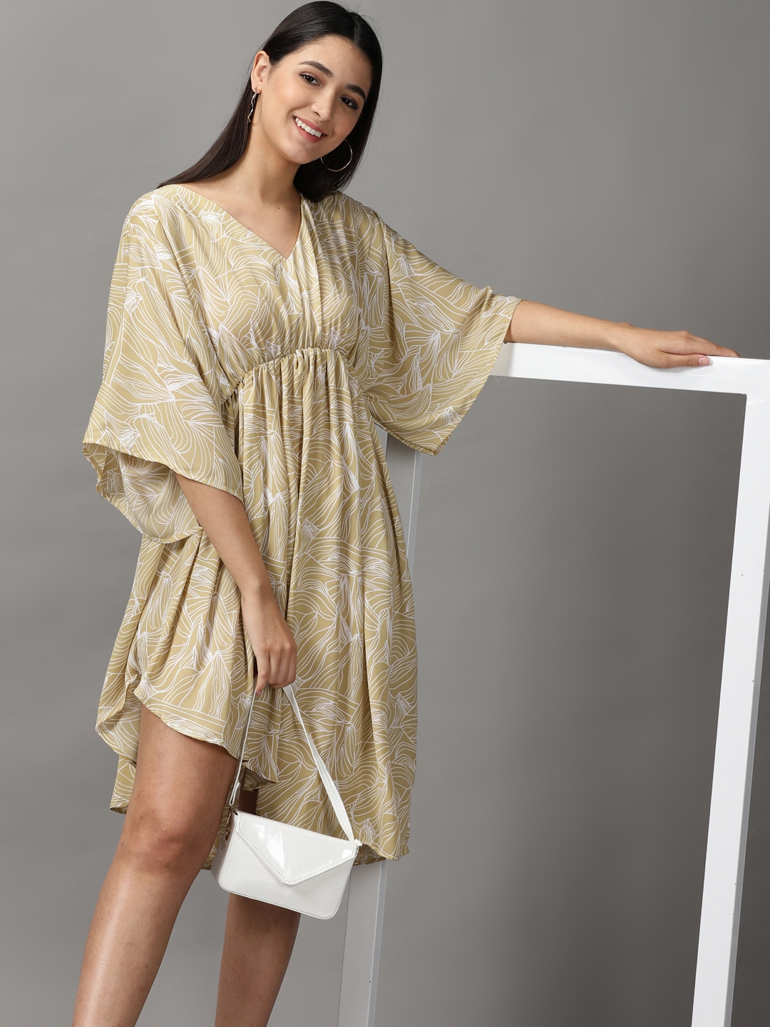 Women's Beige Polyester Printed Dresses