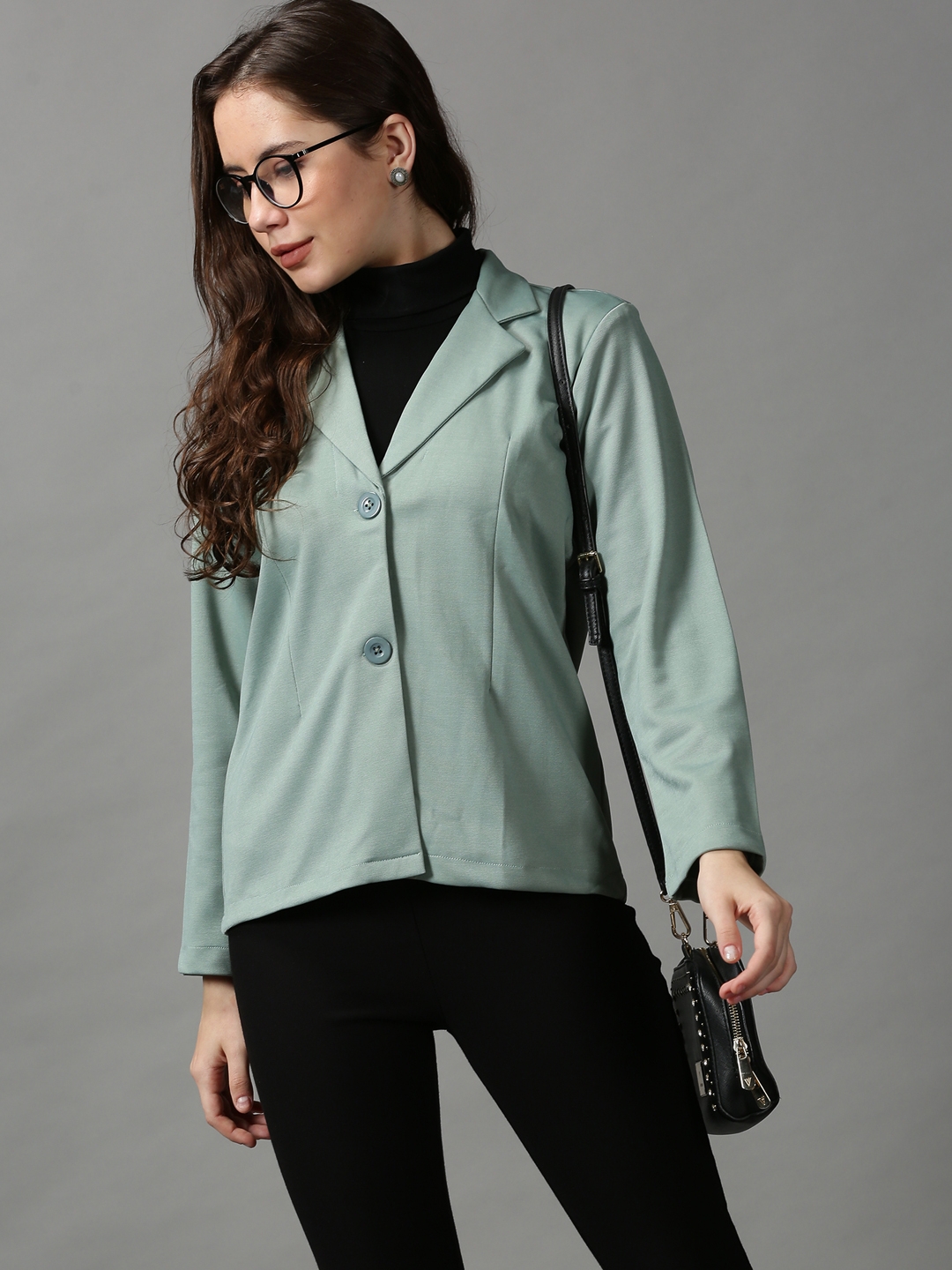 SHOWOFF Women Green Solid  Notched Lapel Full Sleeves Regular Fit Regular Open Front Blazer