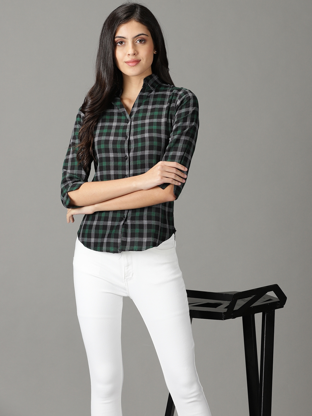 SHOWOFF Women's Spread Collar Green Checked Shirt