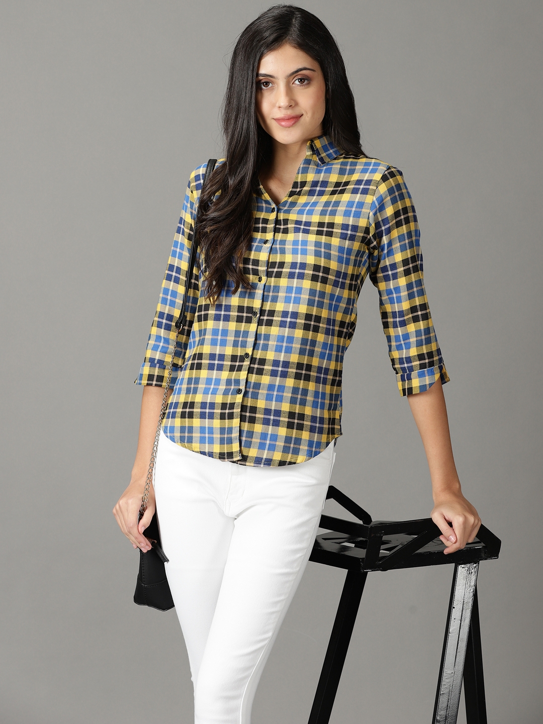 SHOWOFF Women's Spread Collar Yellow Checked Shirt