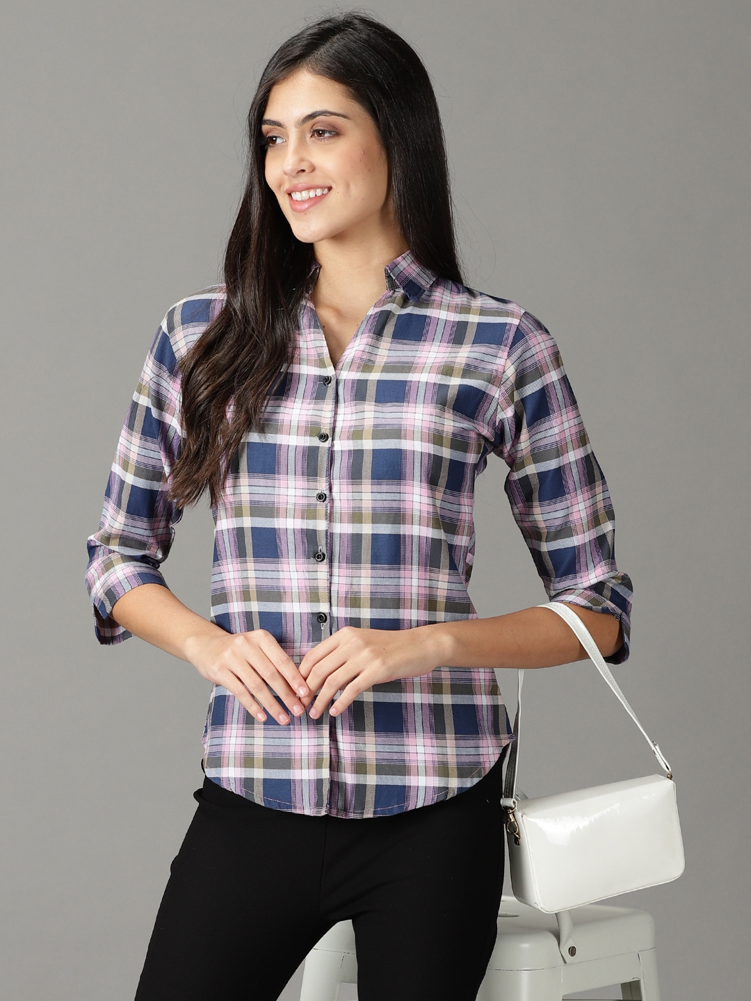 SHOWOFF Women's Spread Collar Pink Checked Shirt