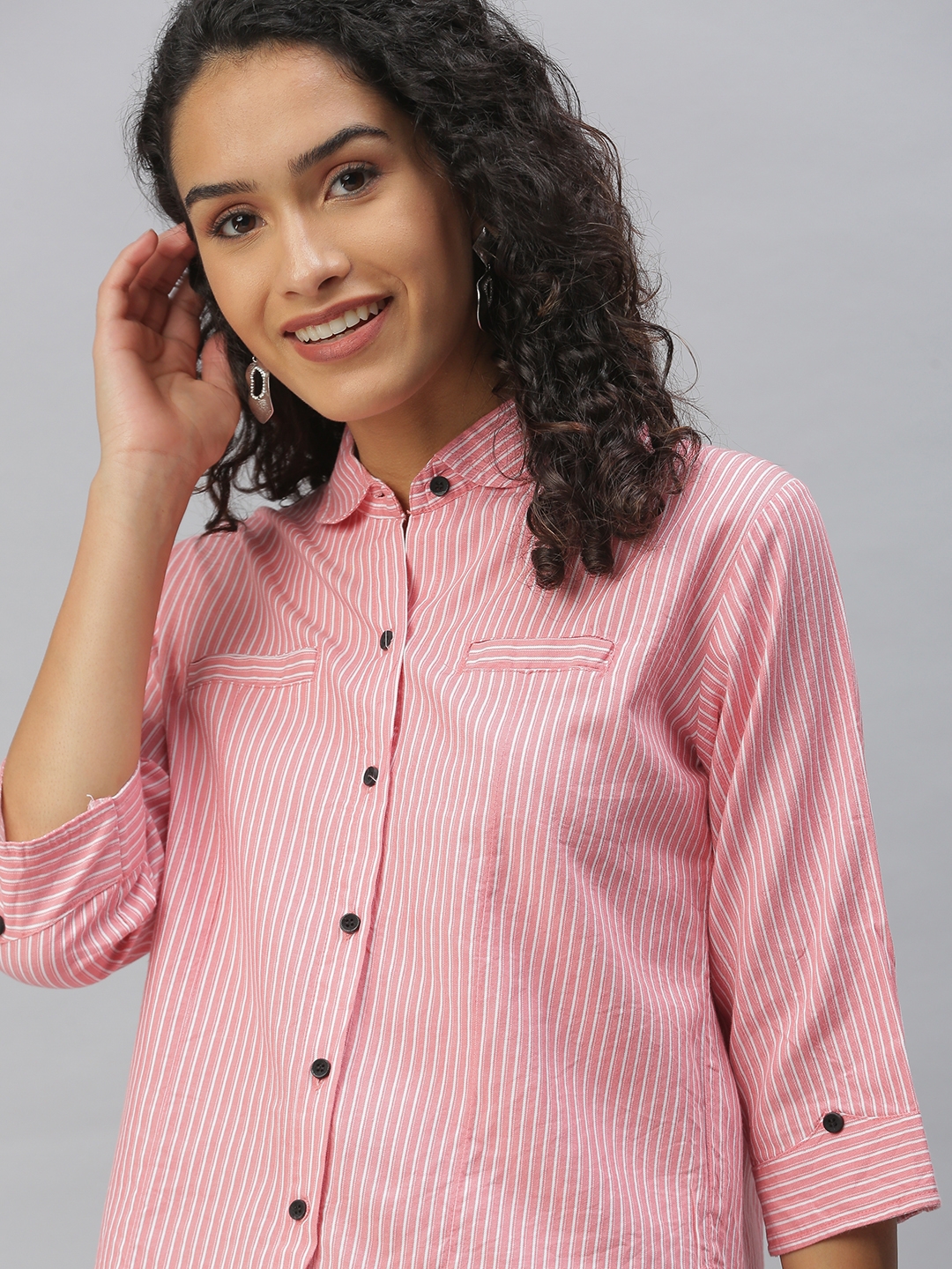 SHOWOFF Women's Regular Fit Regular Sleeves Pink Vertical Stripes Shirt