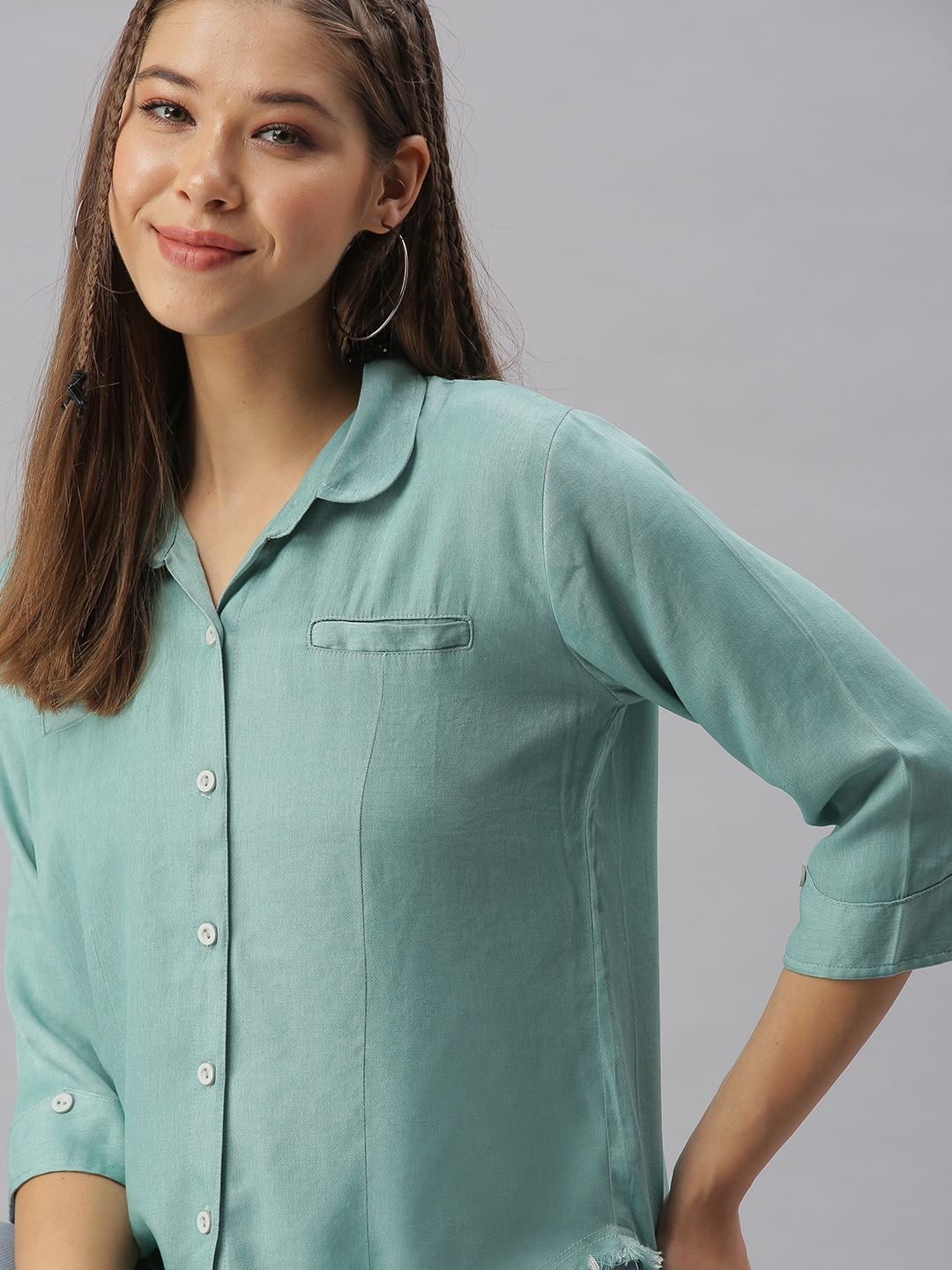 SHOWOFF Women's Regular Fit Regular Sleeves Sea Green Solid Shirt