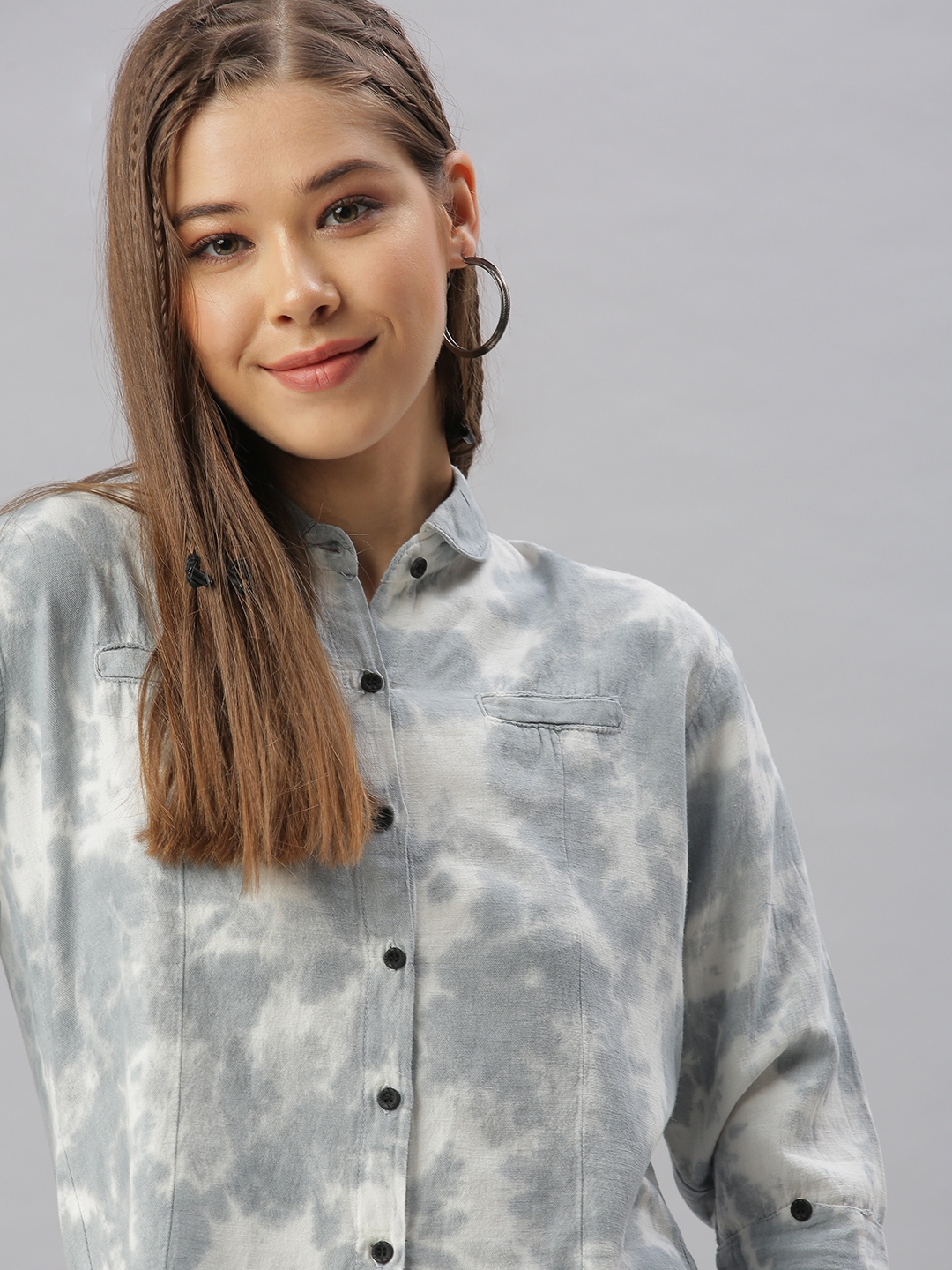SHOWOFF Women's Boxy Regular Sleeves Grey Faded Shirt