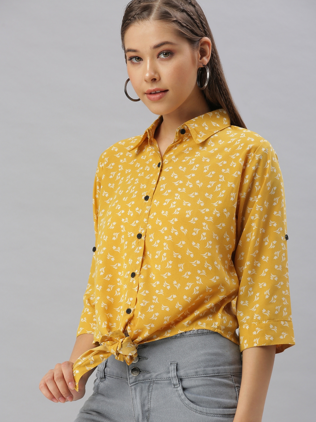 Women's Yellow Georgette Printed Casual Shirts