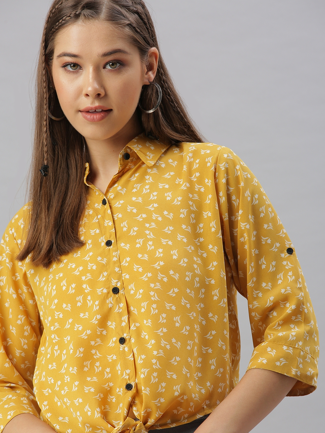 SHOWOFF Women's Regular Fit Roll-Up Sleeves Mustard Floral Shirt