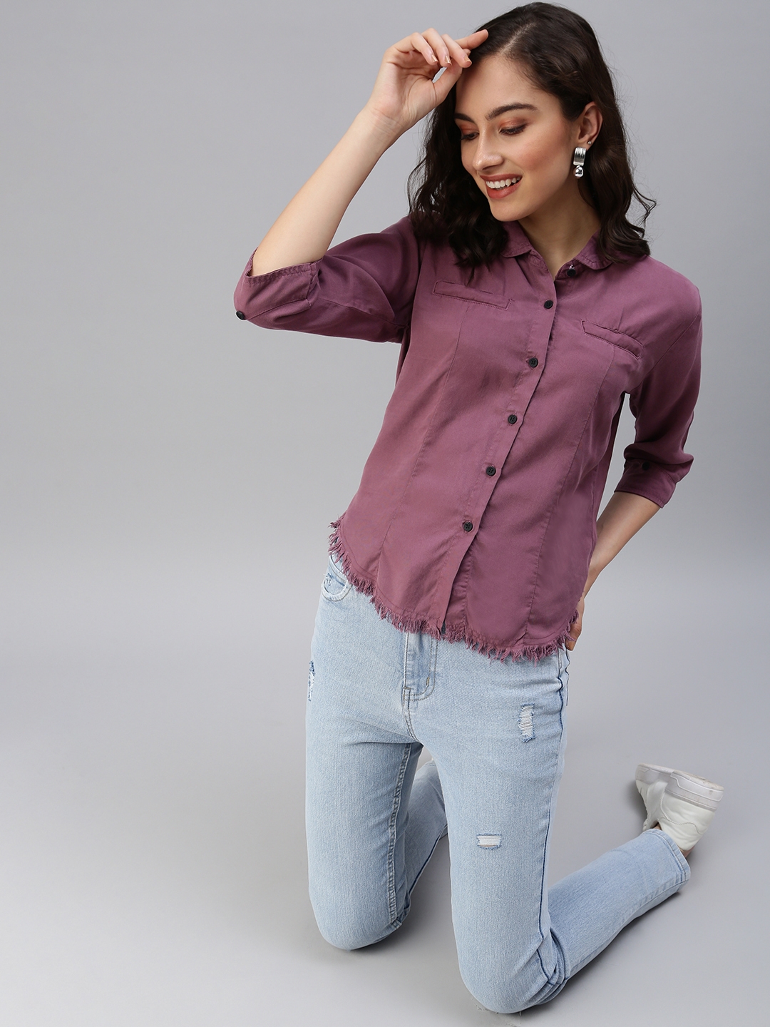 Women's Grey Cotton Solid Casual Shirts