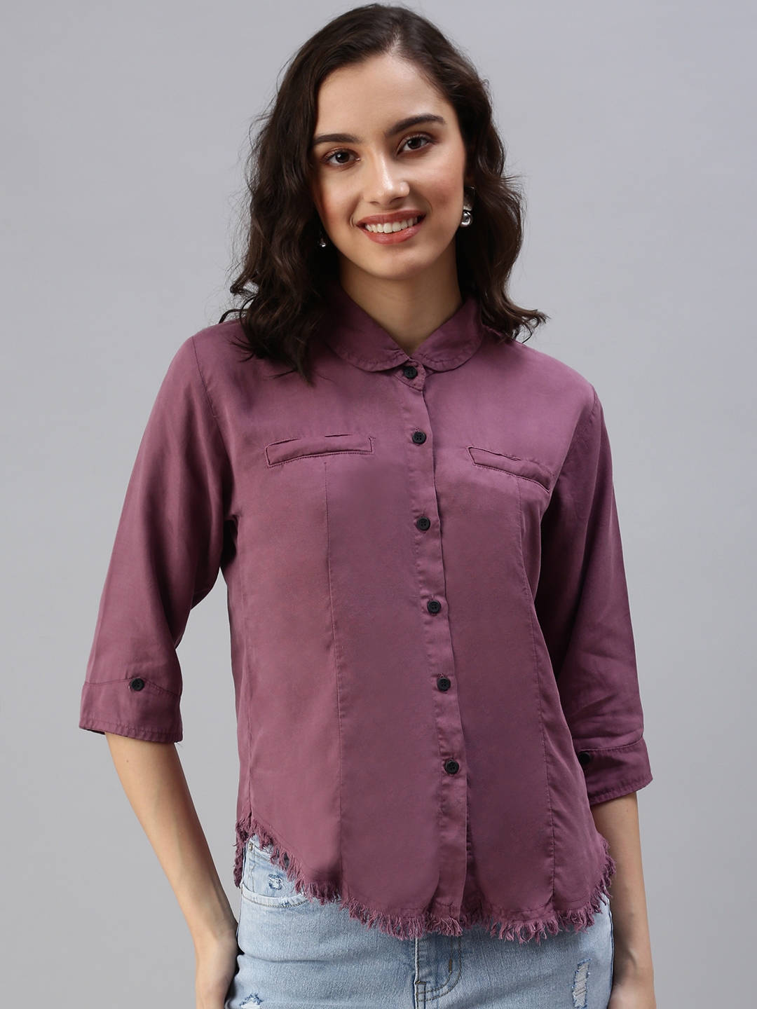 SHOWOFF Women's Regular Fit Regular Sleeves Violet Solid Shirt