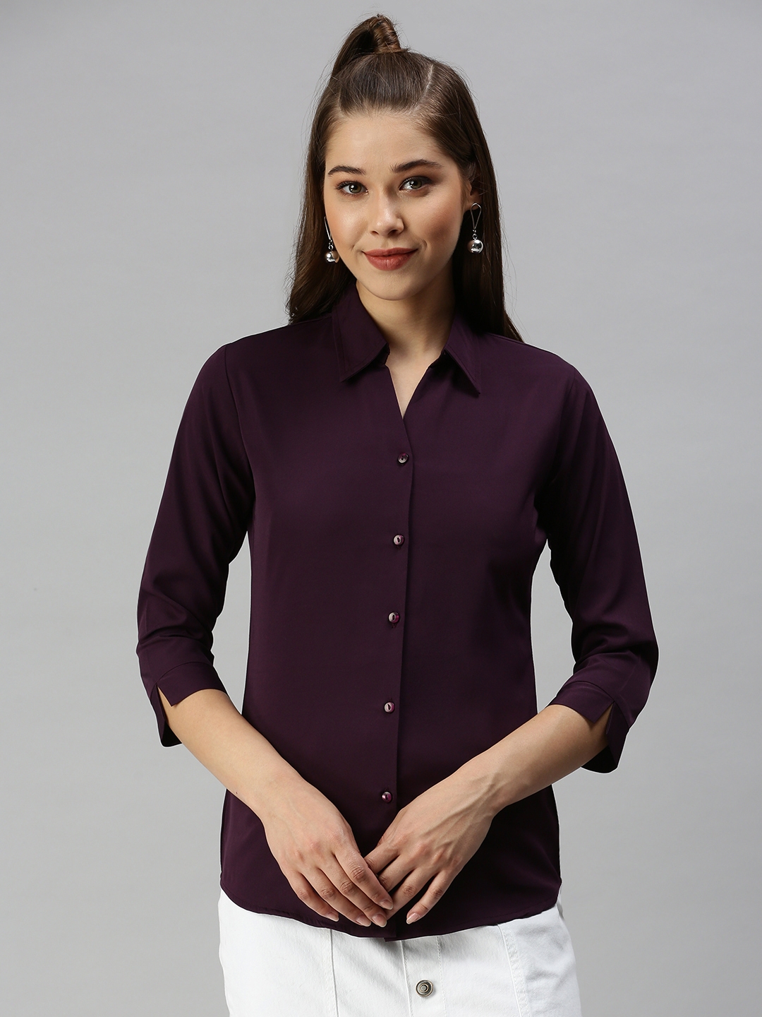 SHOWOFF Women's Slim Fit Regular Sleeves Magenta Solid Shirt