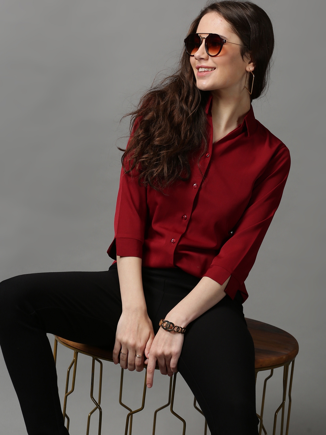 SHOWOFF Women's Spread Collar Solid Maroon Polyester Shirt