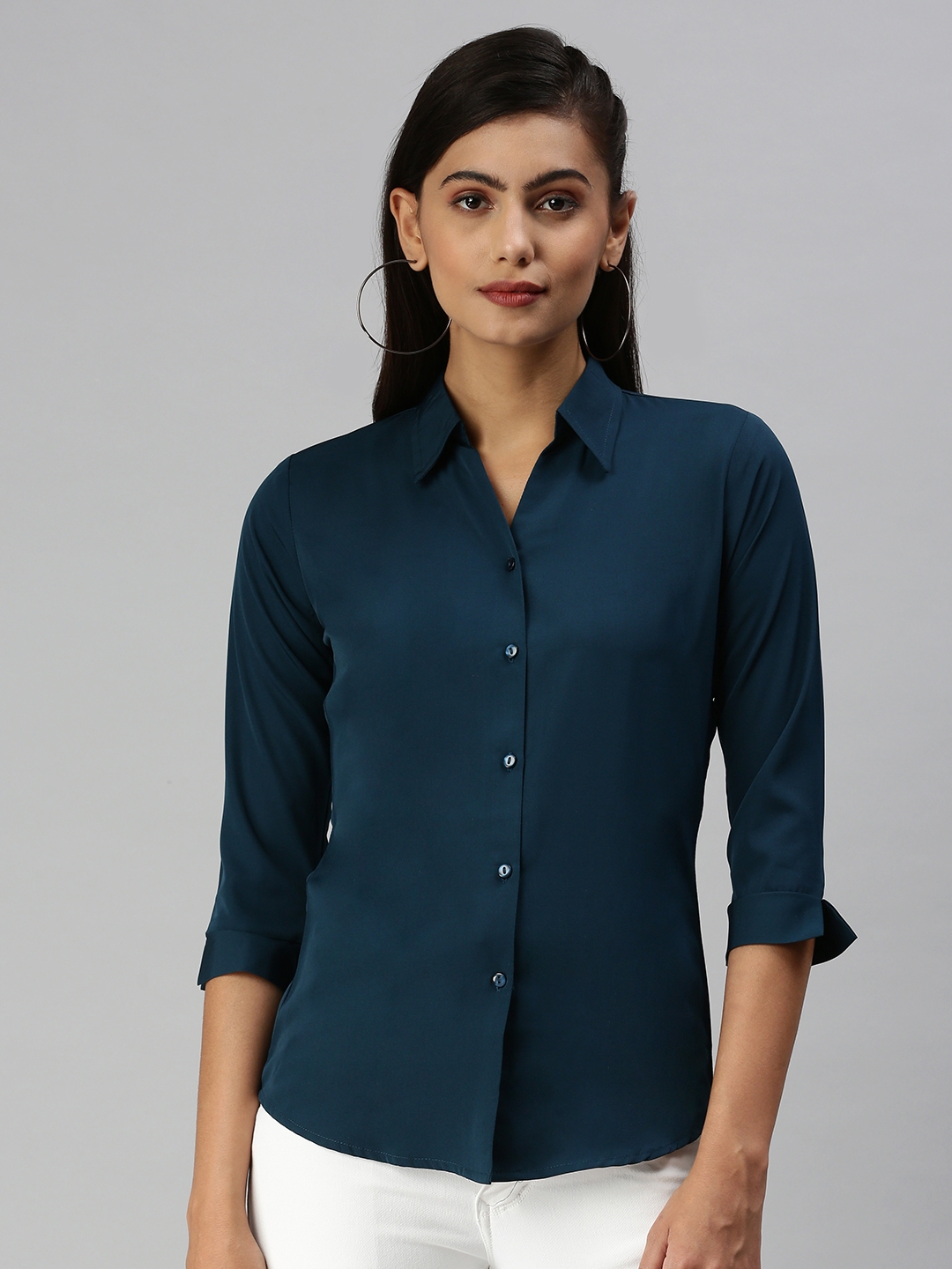 Women's Blue Polyester Solid Casual Shirts