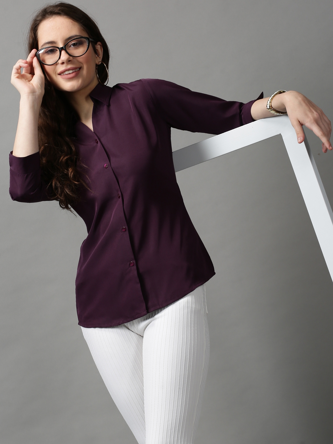 SHOWOFF Women's Spread Collar Solid Violet Polyester Shirt