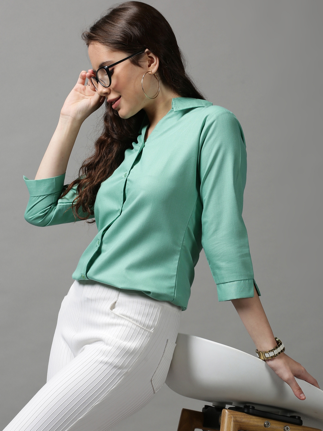 SHOWOFF Women's Spread Collar Solid Green Polyester Shirt
