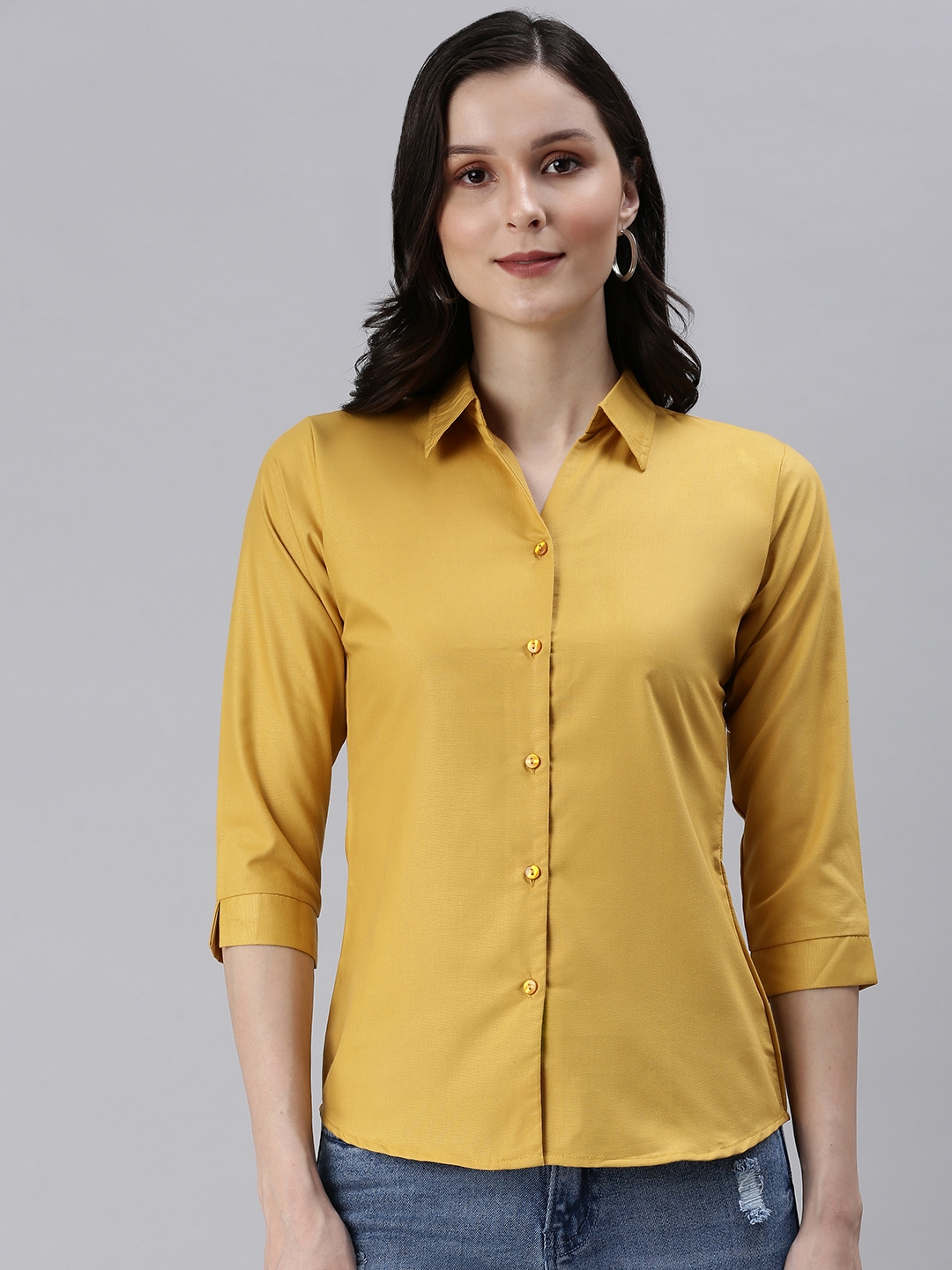 SHOWOFF Women's Slim Fit Regular Sleeves Mustard Solid Shirt