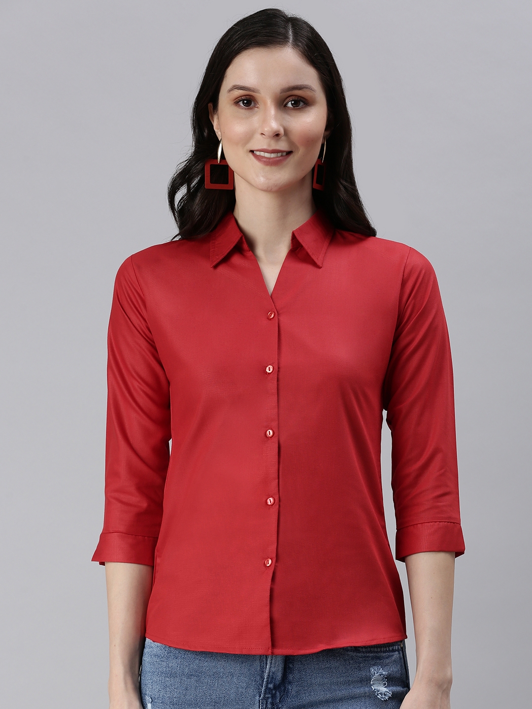 SHOWOFF Women's Slim Fit Regular Sleeves Red Solid Shirt