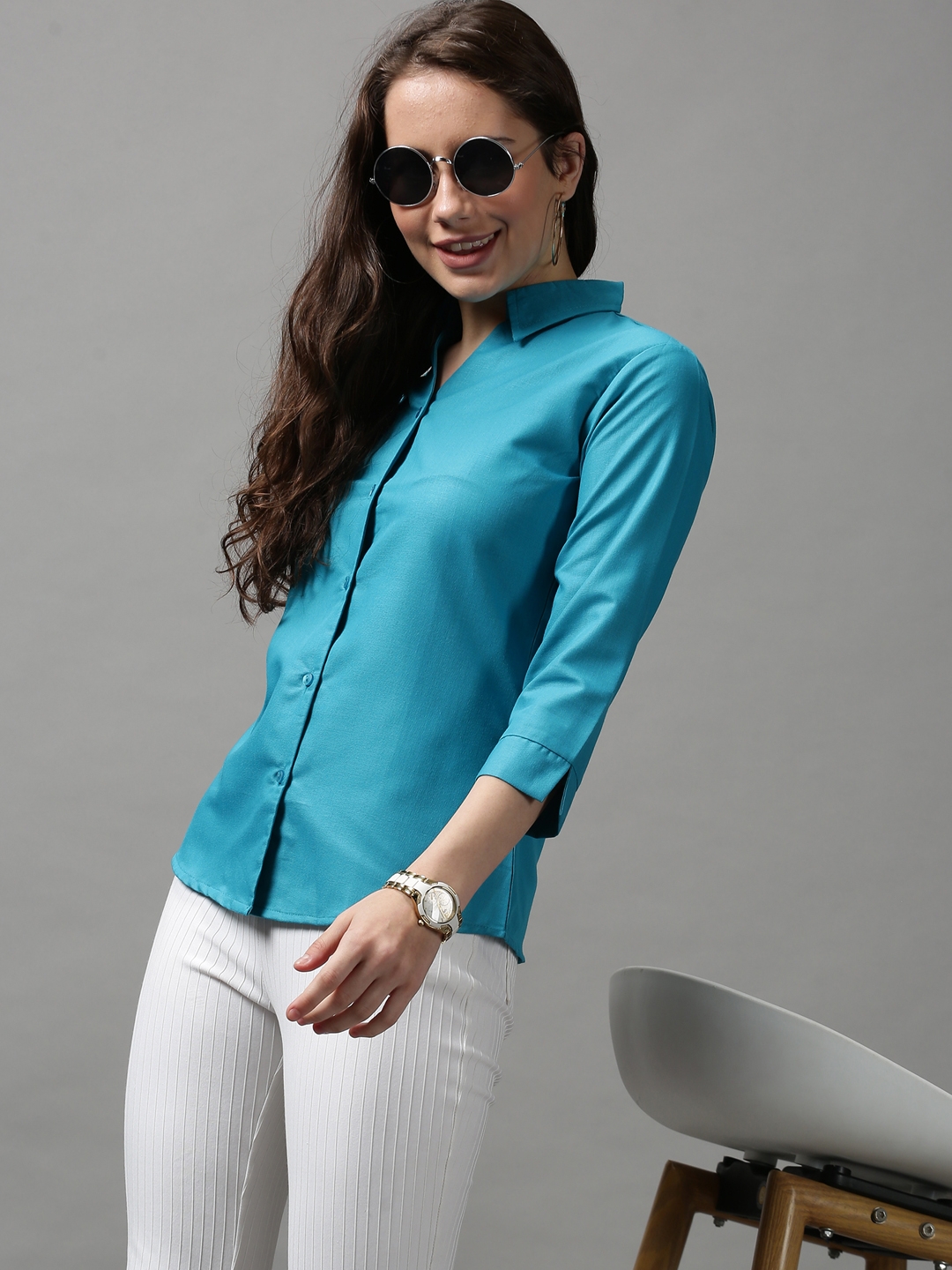 SHOWOFF Women's Spread Collar Solid Turquoise Blue Polyester Shirt