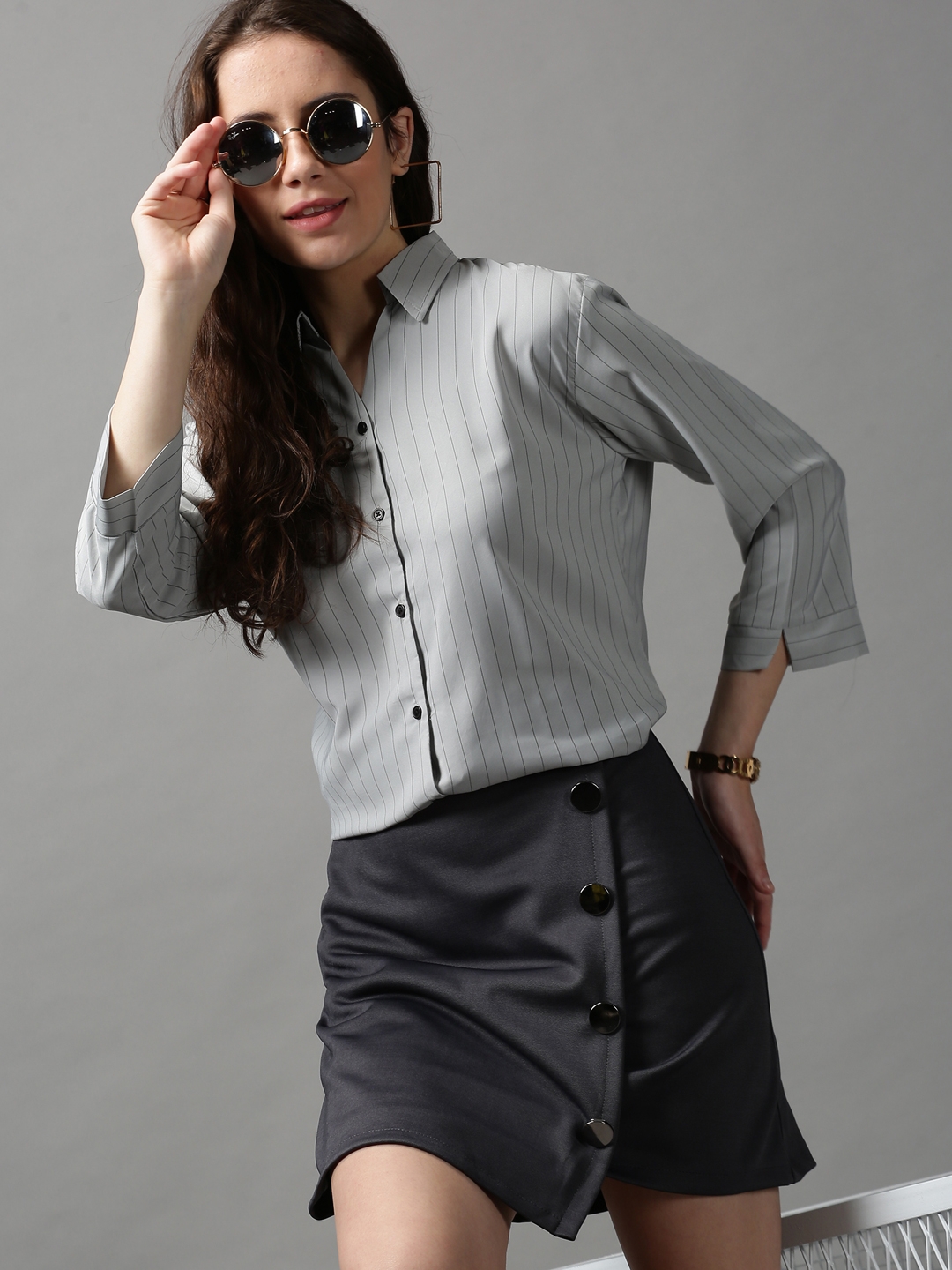 SHOWOFF Women's Spread Collar Striped Grey Polyester Shirt