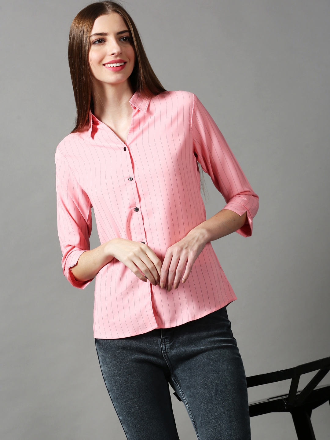 SHOWOFF Women's Spread Collar Striped Pink Polyester Shirt